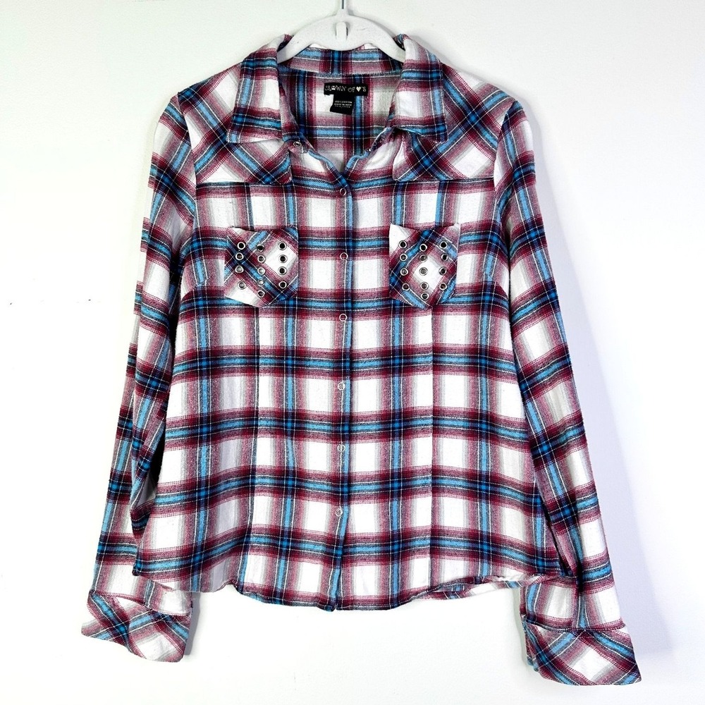 Crown Of Hearts‎ Top Women L Blue Pink Plaid Flannel Shirt Cotton Grunge Studded